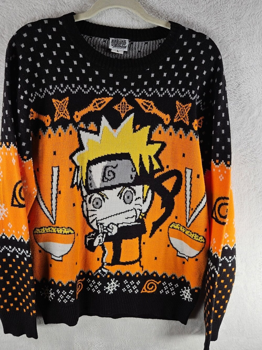 Naruto Shippuden Ugly Christmas Sweater Fair Isle Black Orange Size Large